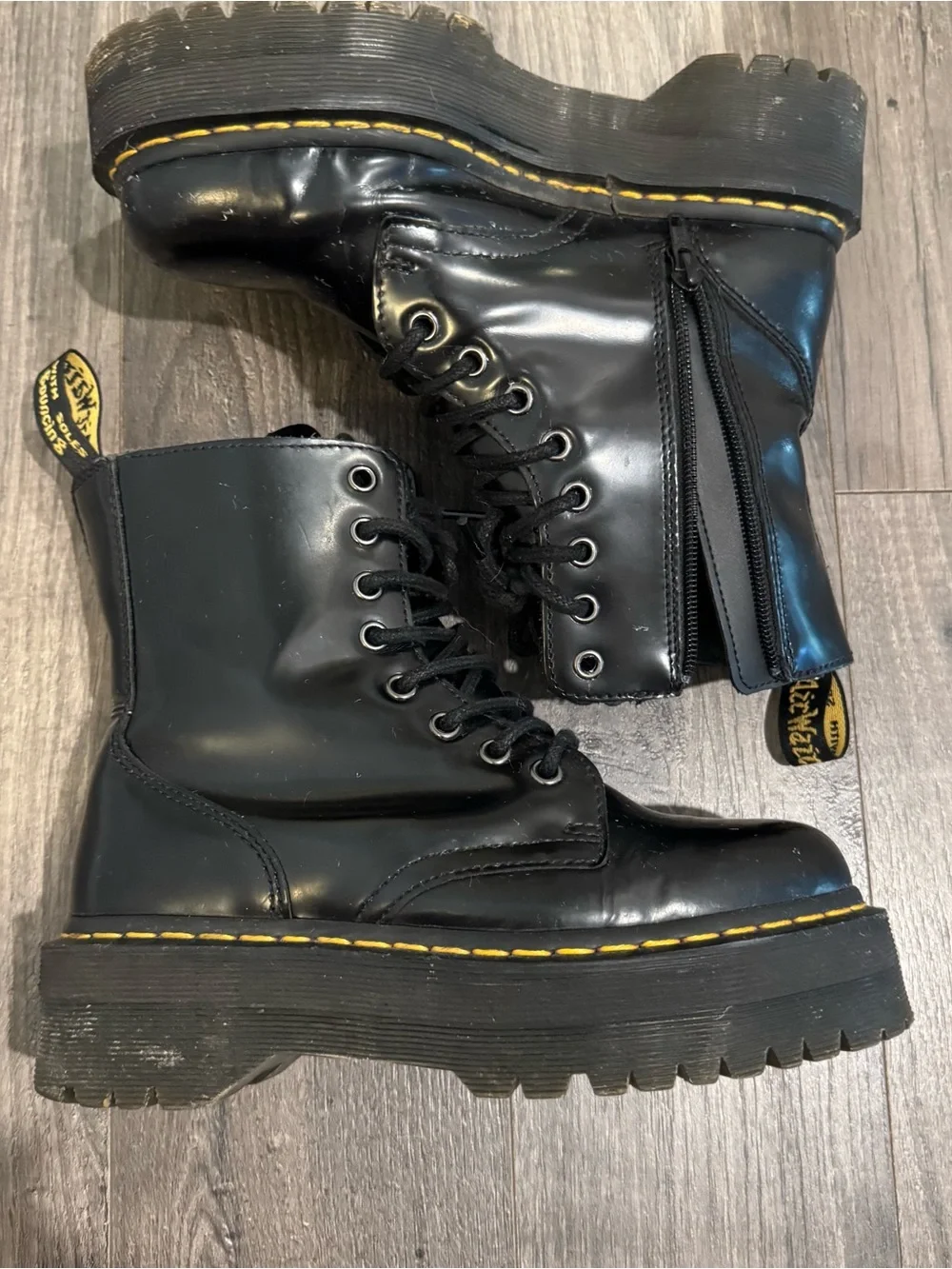 Dr. Martens Black Platform Combat Boots with Yellow Stitching